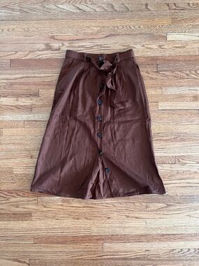 Sezane Brown Button-Front Midi Skirt with Waist Tie